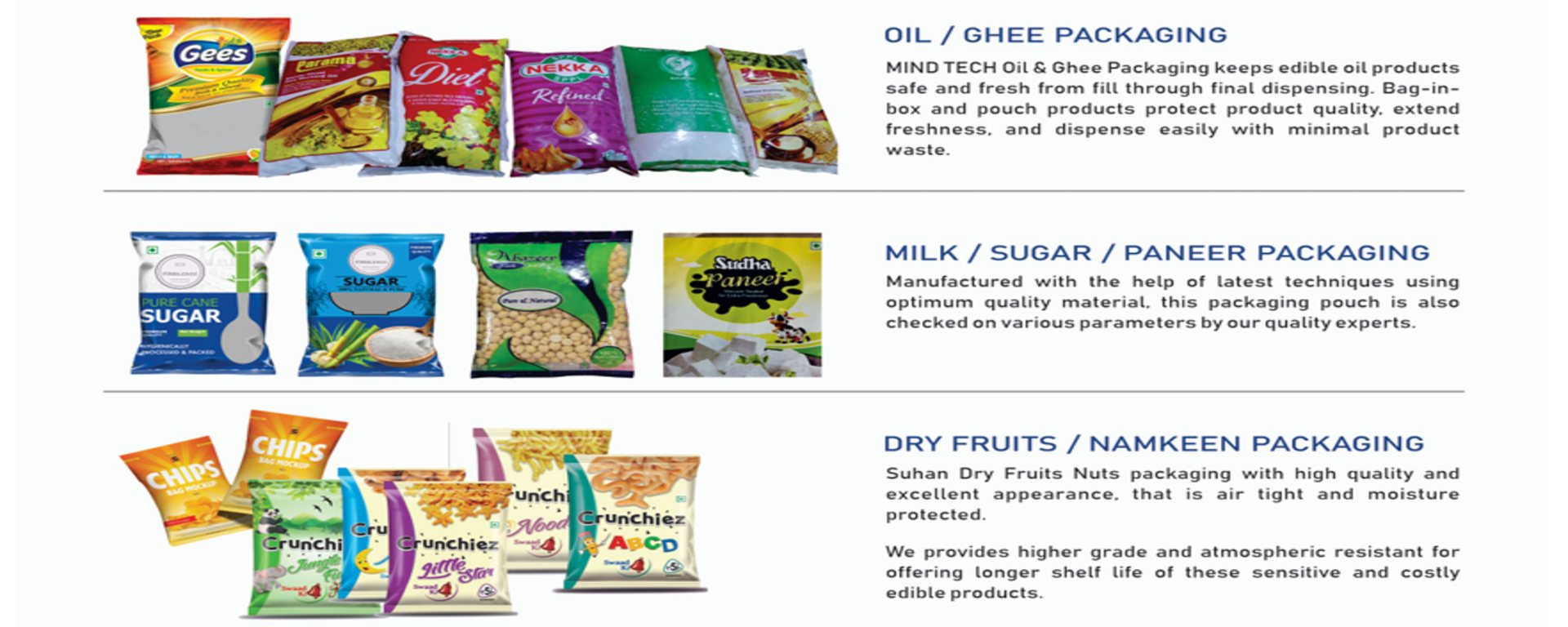 Oil, ghee, milk, sugar, paneer and dry fruits packaging