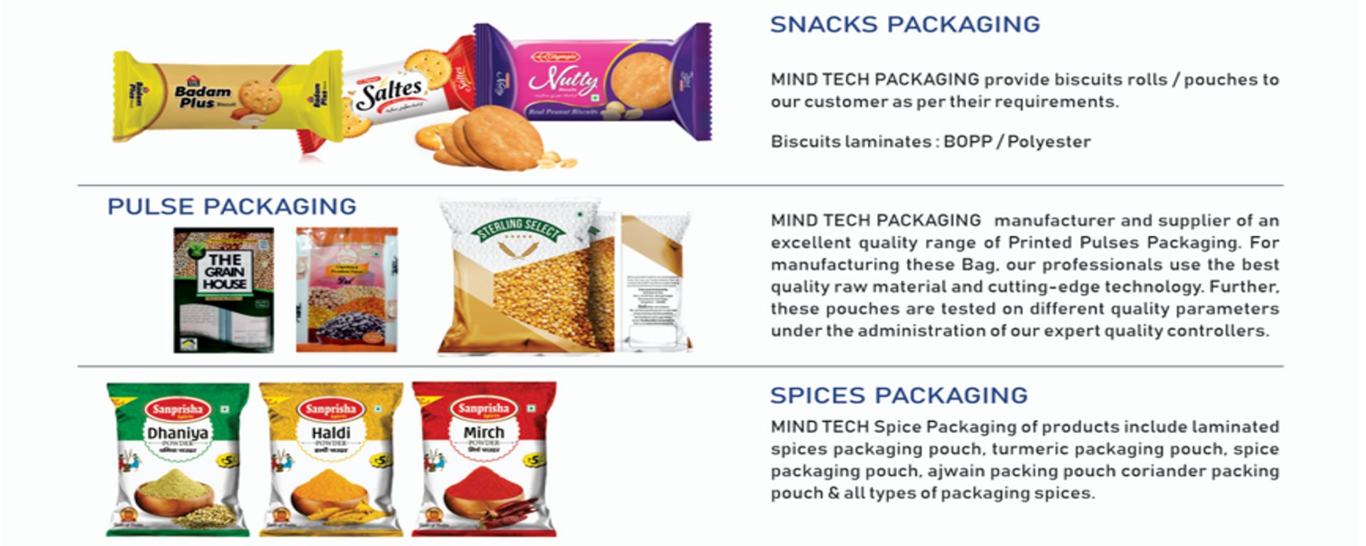 Snacks, pulse and spices packaging detail